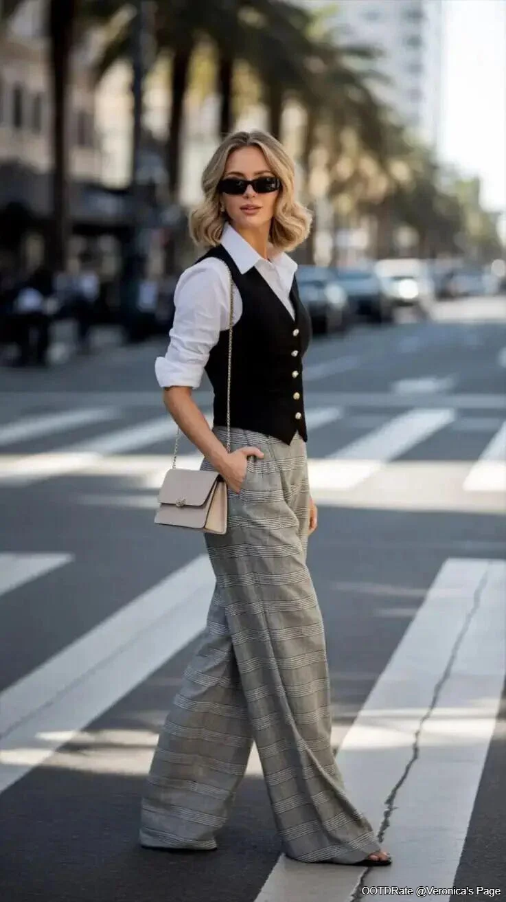 Chic Street Style with Black Vest and Wide-Leg Checkered Trousers