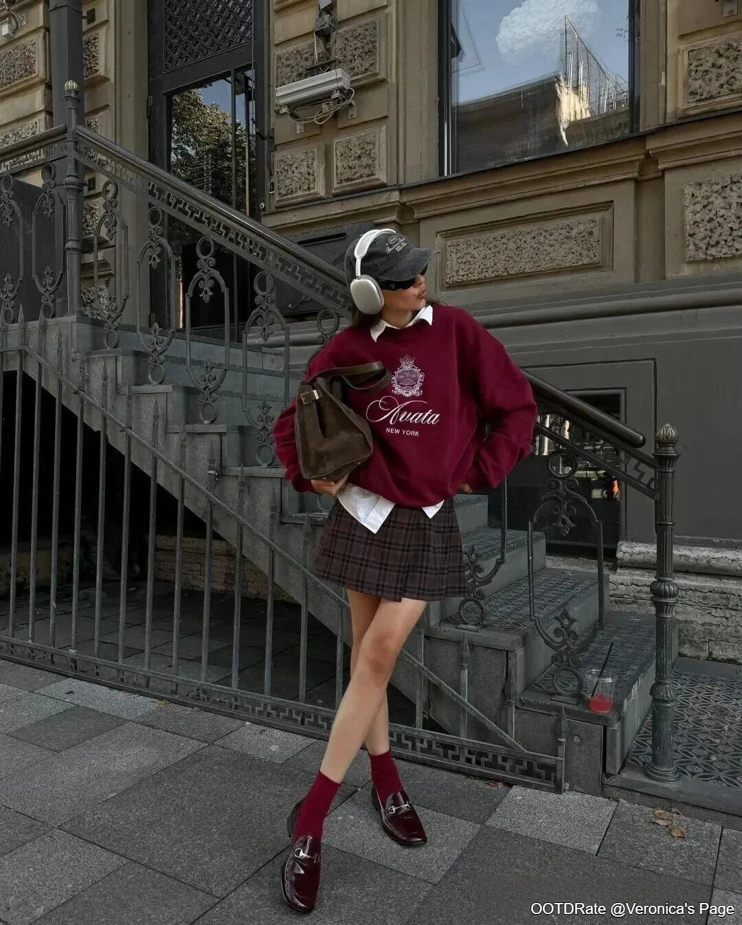 Preppy Maroon Crewneck and Plaid Skirt with Stylish Accessories