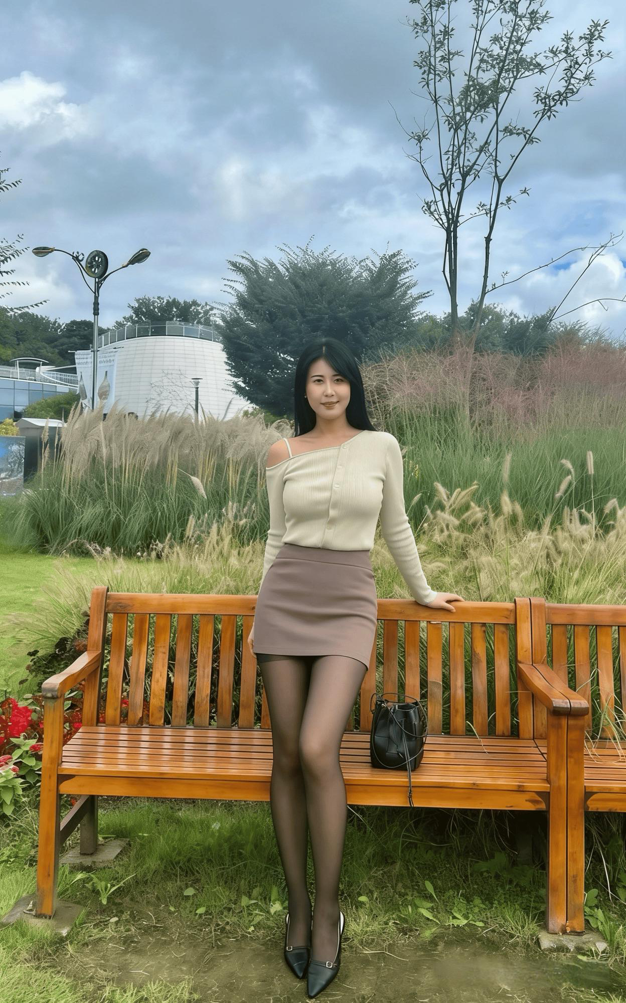 Elegant Asymmetrical Sweater and Mini Skirt with Sheer Tights and Heels Ensemble