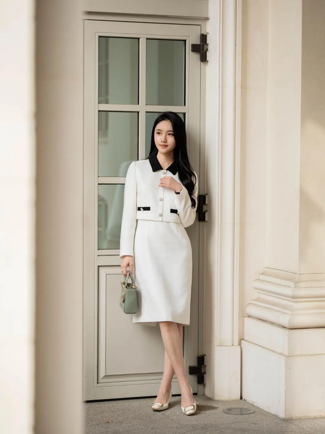 Timeless Monochrome Elegance with Black Accents and Mint Accessories