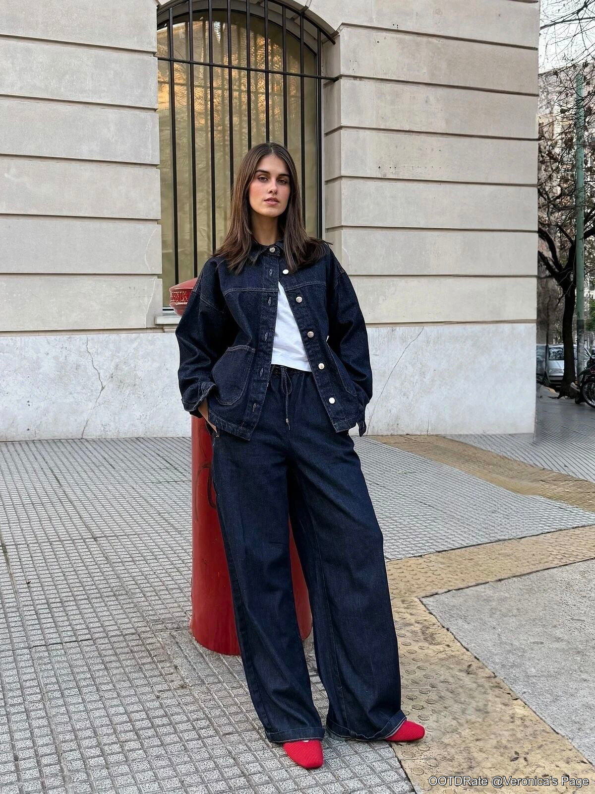 Oversized Dark Denim Jacket and Wide-Leg Pants with Red Statement Shoes