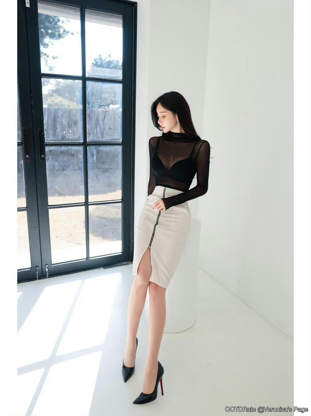 Chic Monochrome Style with Sheer Black Top and High-Waisted Beige Skirt