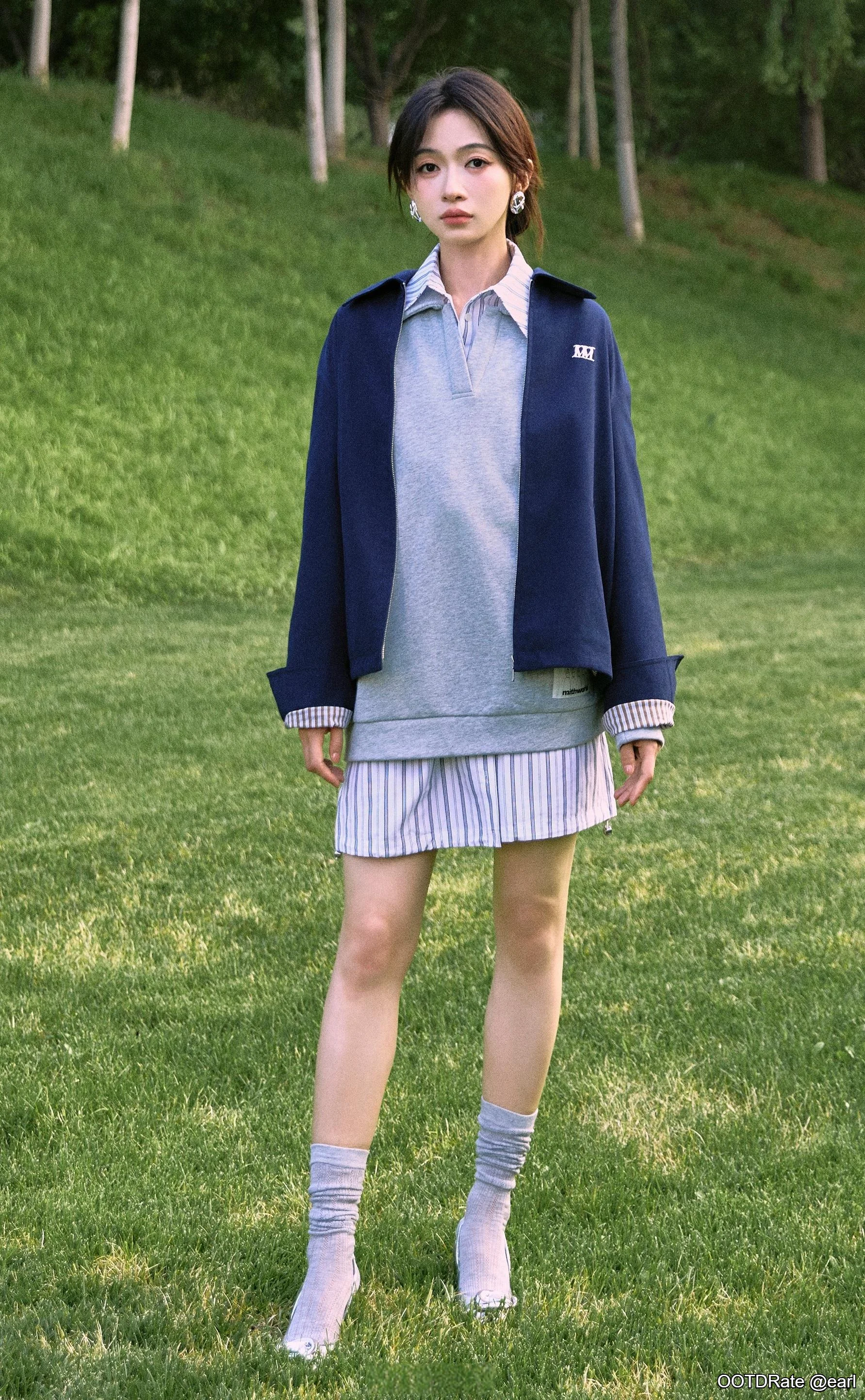 Casual Chic Layering with Blue Jacket and Stripes for a Fresh Spring Look