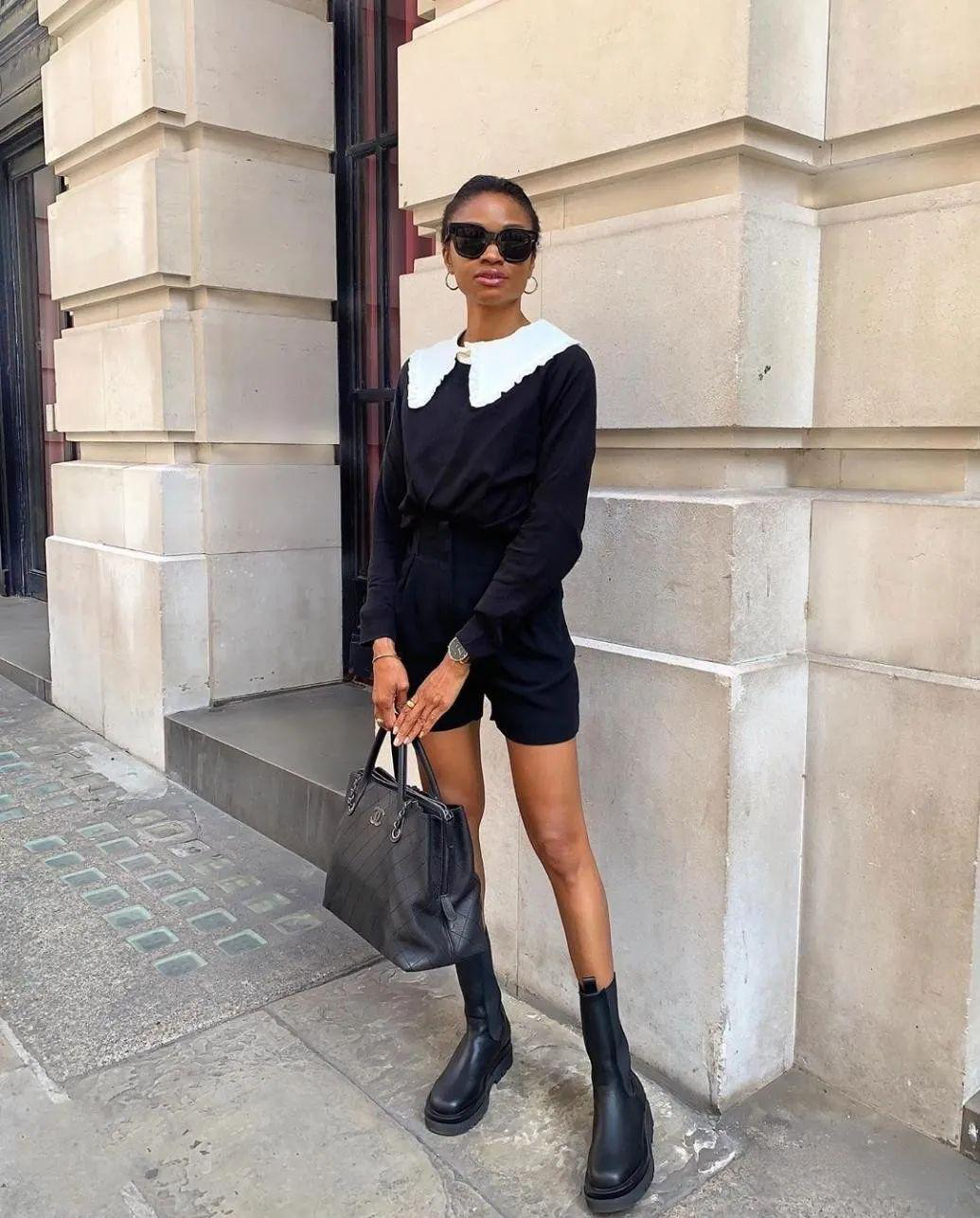 Edgy Elegance: Black Romper with White Collar and Ankle Boots