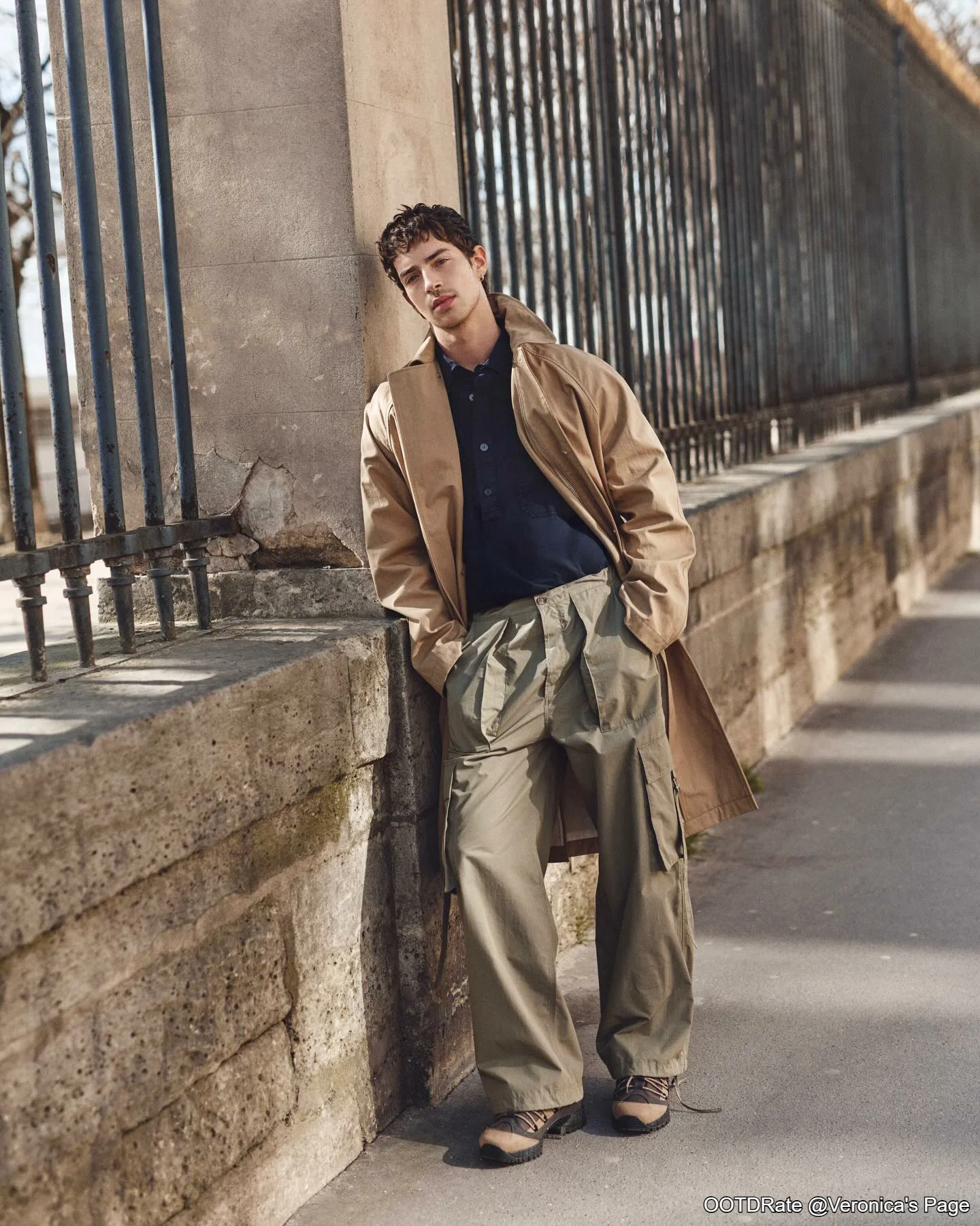 Classic Camel Trench Coat with Navy Polo and Olive Cargo Pants