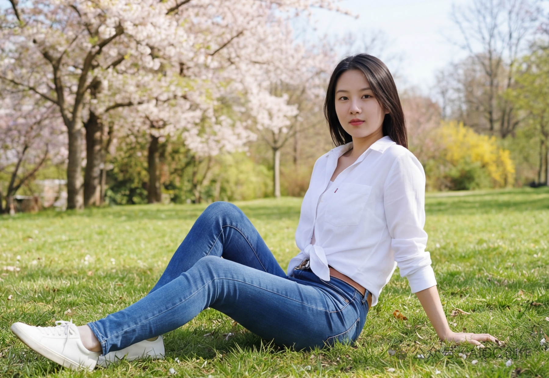 Effortlessly Chic White Shirt and Blue Jeans with Sneakers for a Casual Day Out