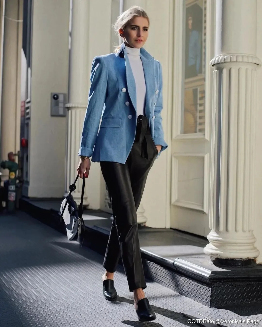 Elegant Light Blue Blazer and Black Trousers with White Turtleneck Outfit