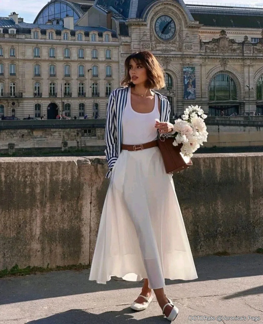 Elegant Summer Look: Striped Blazer with White Tank and Flowing Midi Skirt