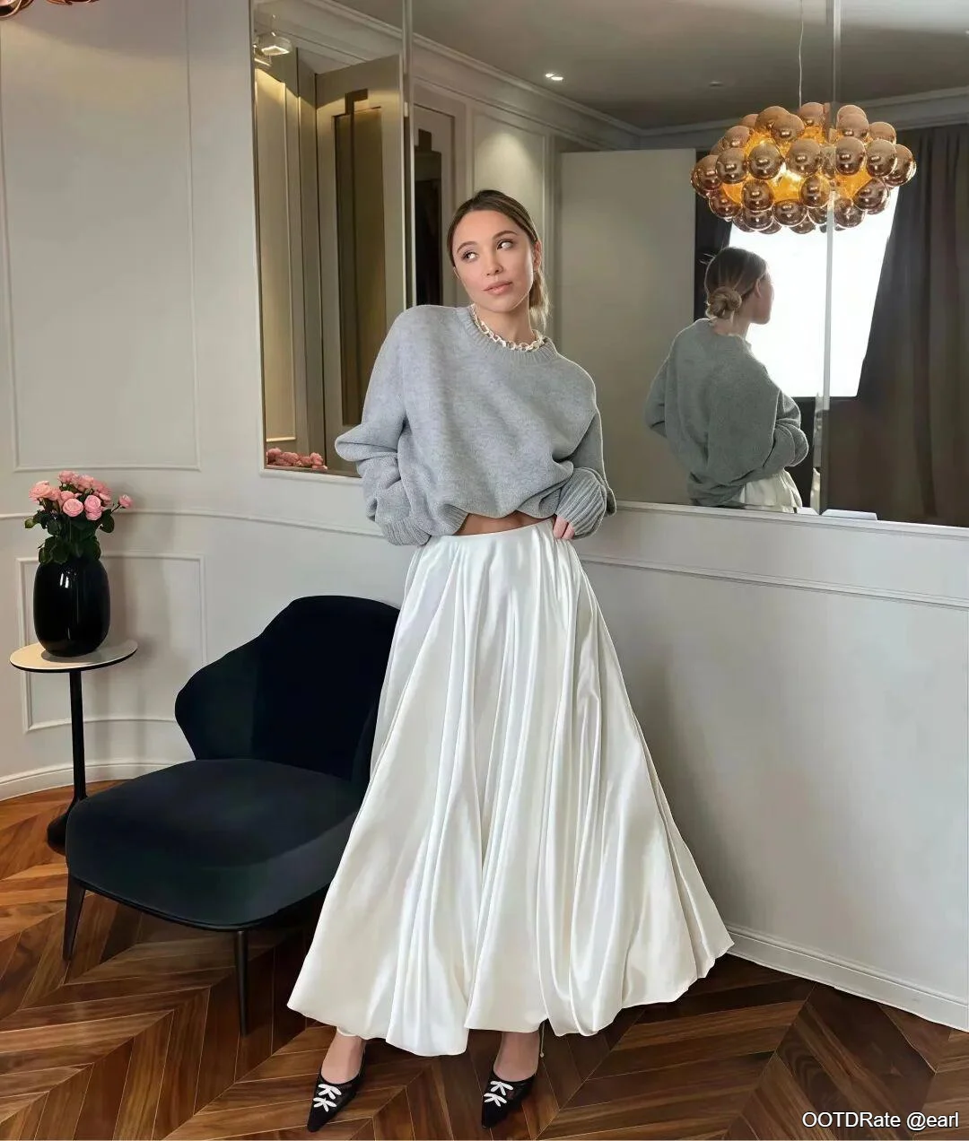 Casual Elegance with Gray Sweatshirt and White Satin Maxi Skirt