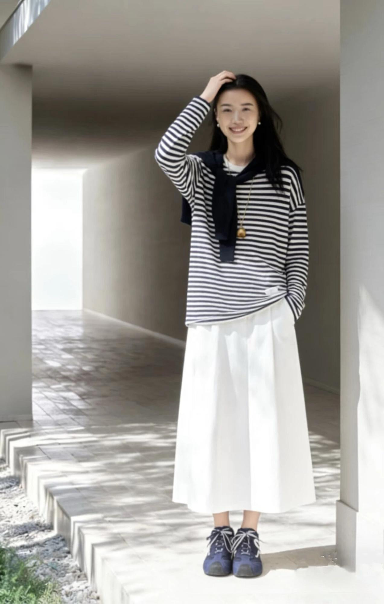 Classic Striped Top with White Midi Skirt and Navy Accents for Casual Elegance