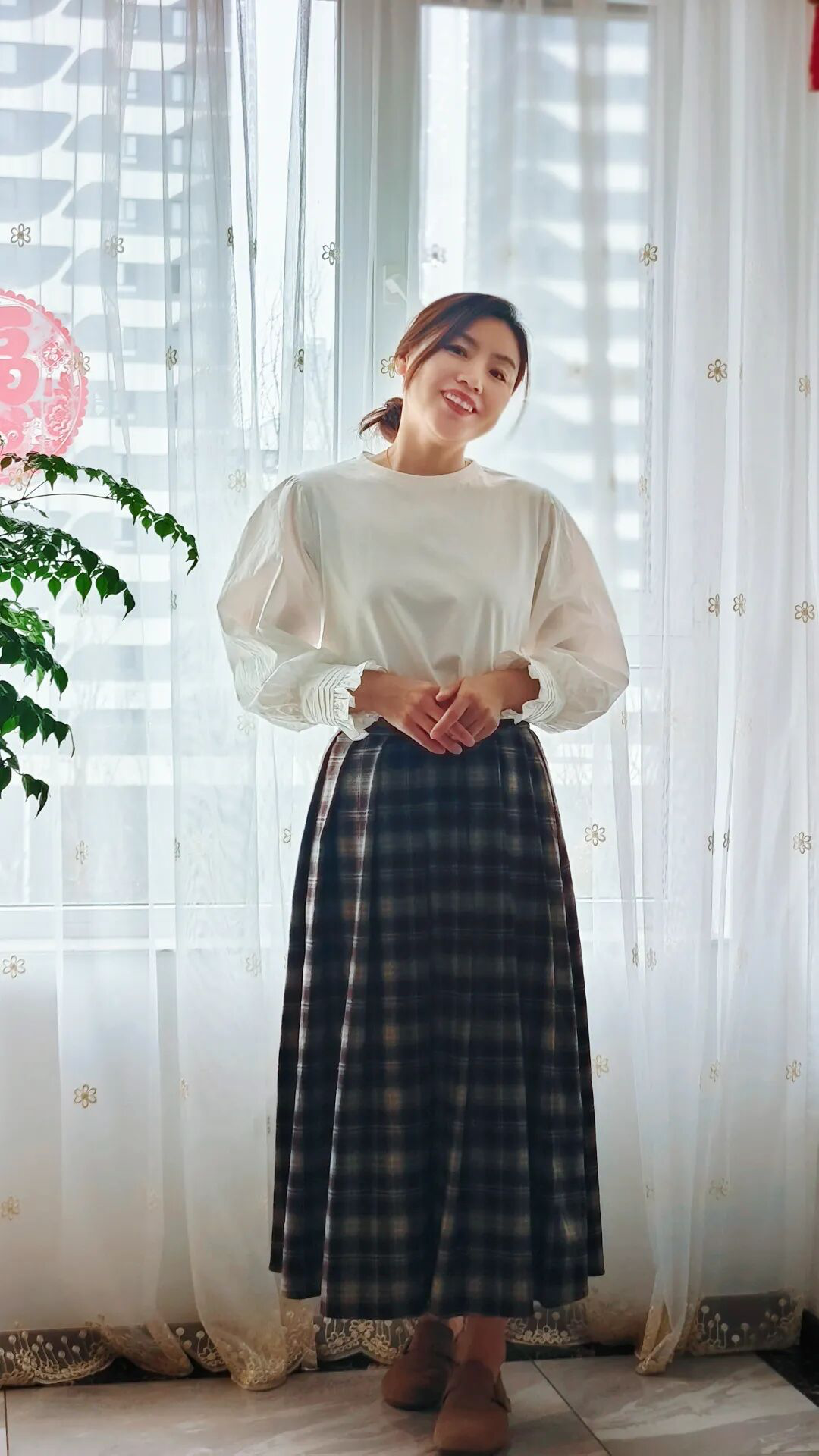 Elegant White Blouse with Puff Sleeves and Plaid Midi Skirt Ensemble