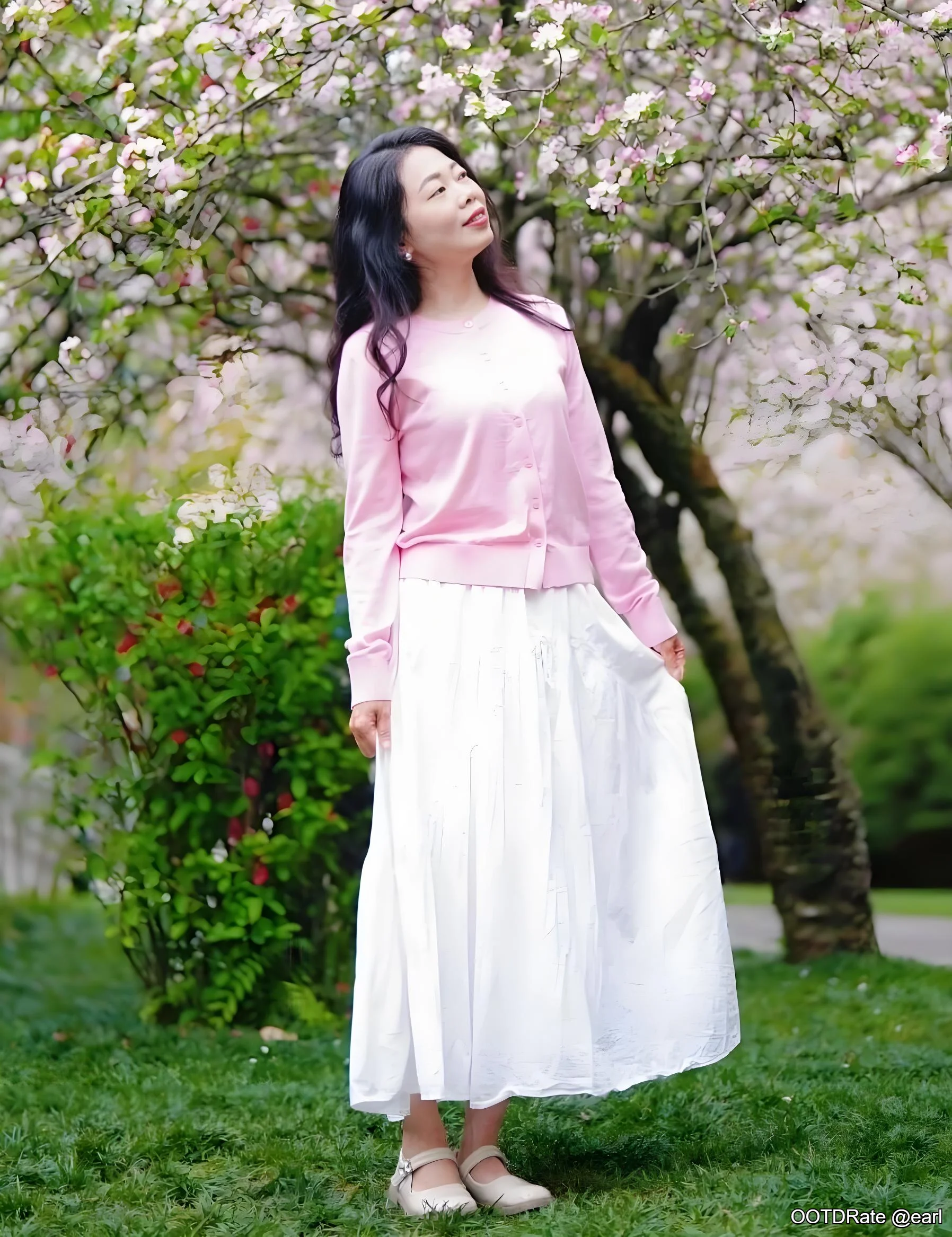 Serene Spring Ensemble: Pink Cardigan and White Maxi Skirt with Flats