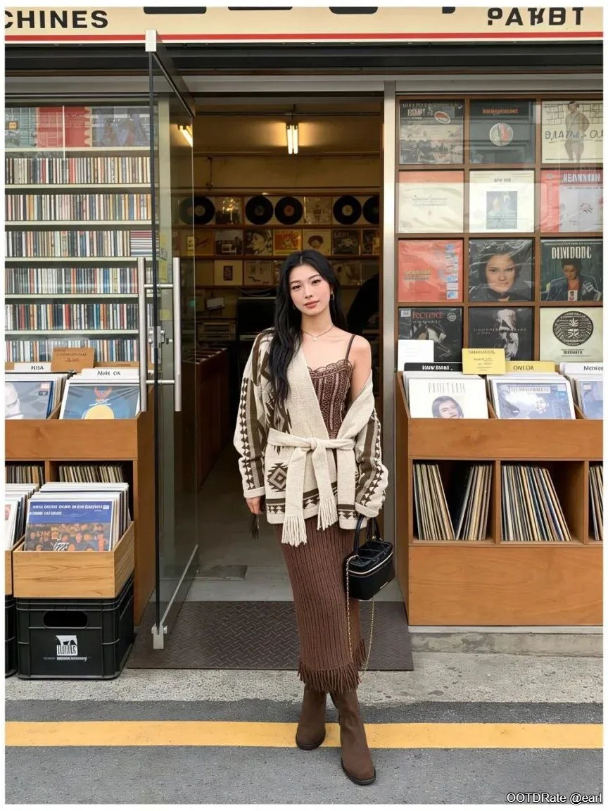 Cozy Brown Knitted Dress with Patterned Cardigan and Ankle Boots