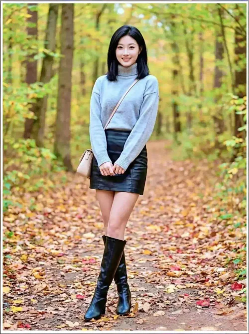 Chic Fall Outfit with Gray Turtleneck, Black Leather Skirt, and Knee-High Boots