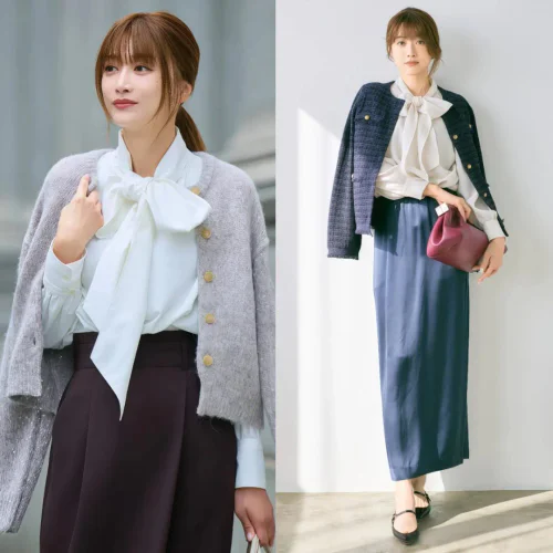 Elegant Professional Attire: Light Bow Blouse and Blue Midi Skirt with Burgundy Bag