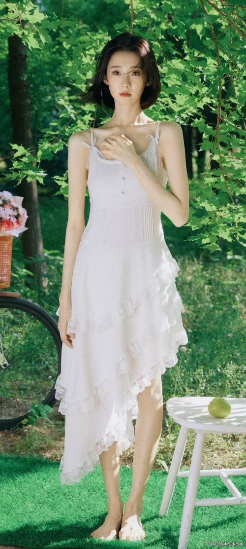 Asymmetrical White Dress with Lace Detailing and Spaghetti Straps