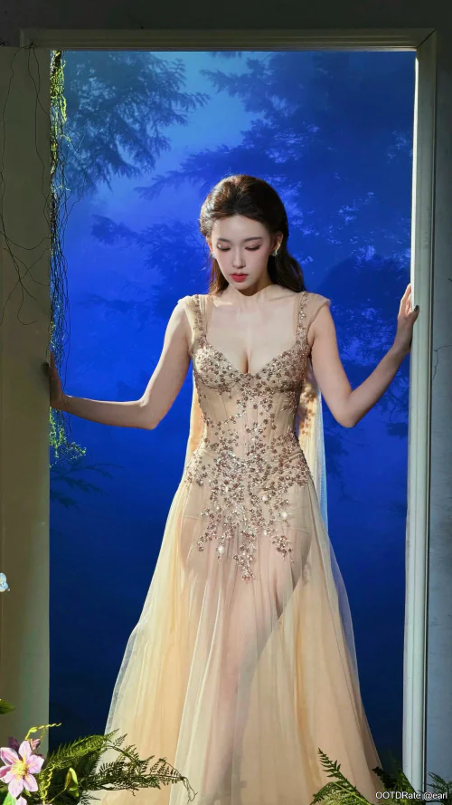 Elegant Nude Gown with Intricate Embellishments and Sheer Skirt