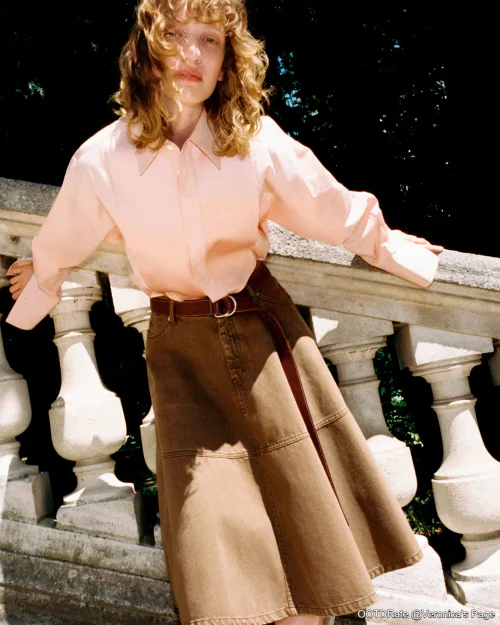 Classic Casual Style with Pink Shirt and Brown A-line Skirt
