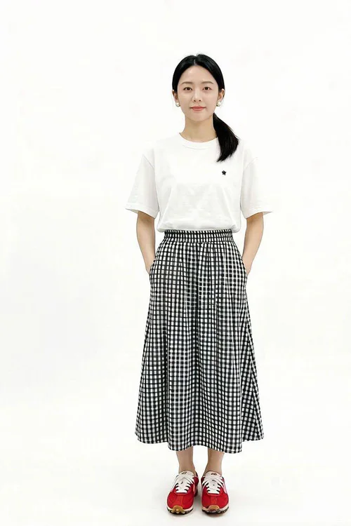 Chic Gingham Skirt with Classic White Tee and Bold Red Sneakers: Effortless Style