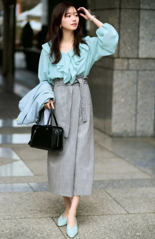 Chic Light Blue and Gray Office Outfit with Ruffled Blouse and Culottes