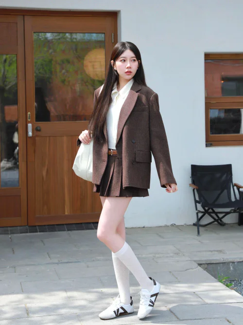 Chic Brown Blazer and Skirt with White Socks for a Preppy Look