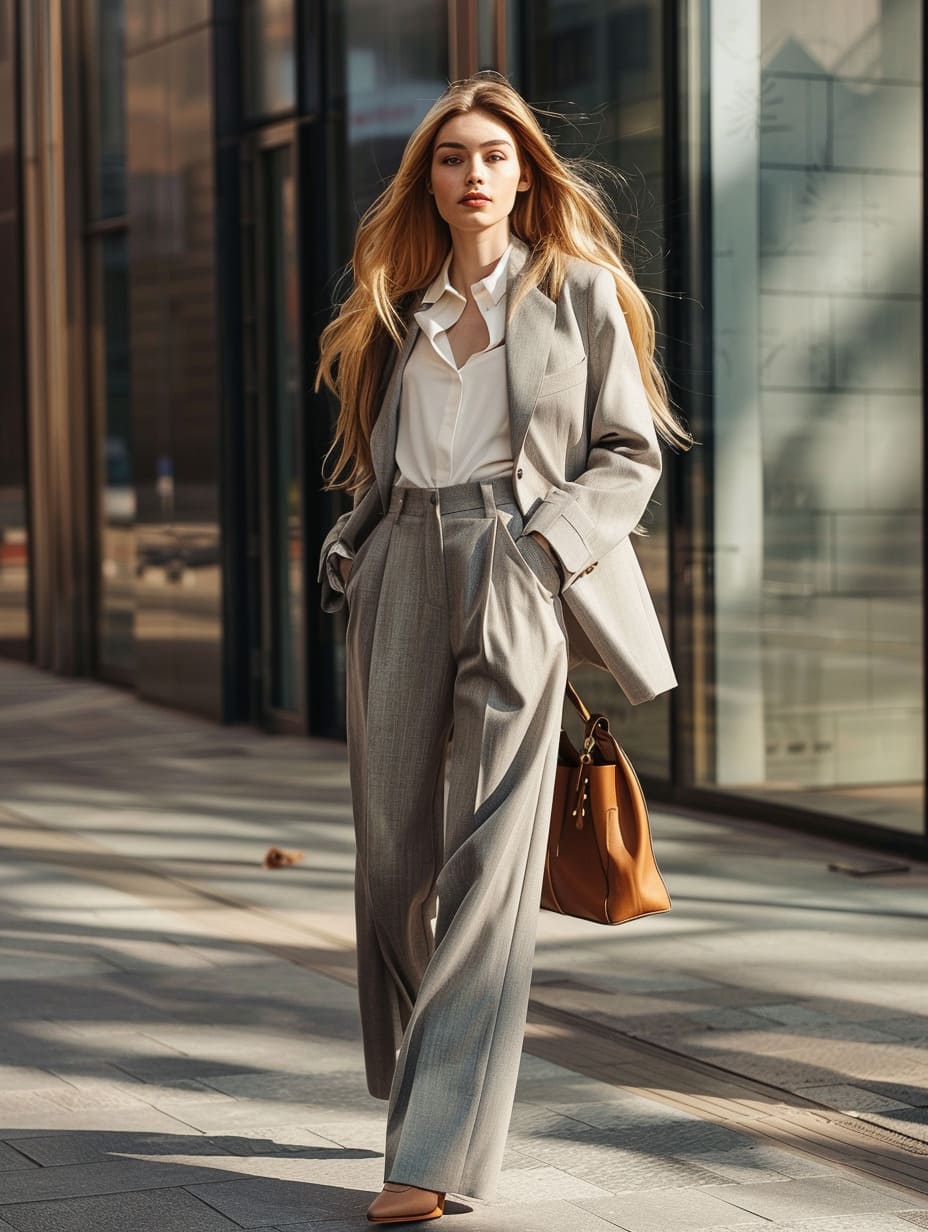 Gray wide-leg tailored trousers sophisticated office outfit