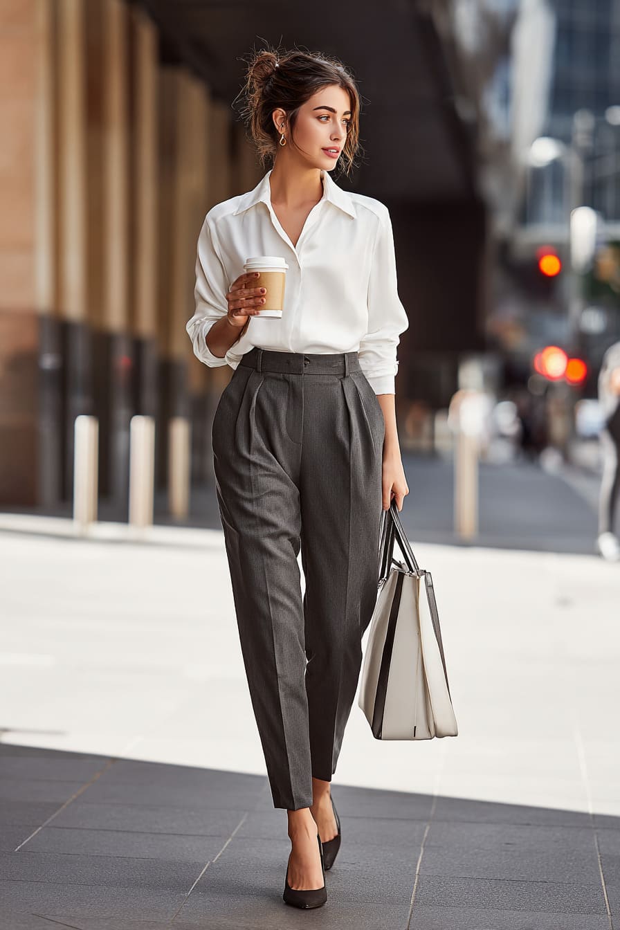 Spring office outfit formula white shirt gray trousers minimal professional