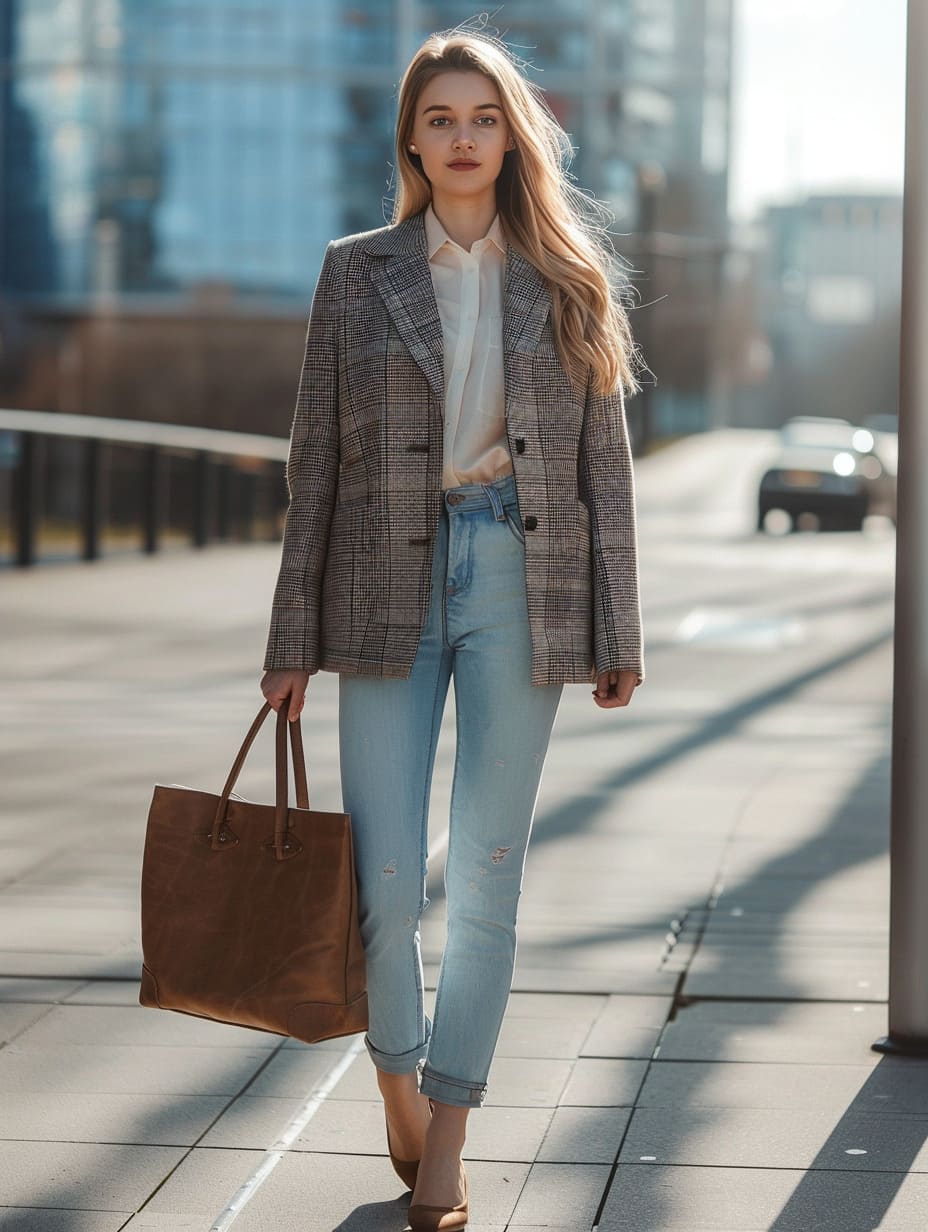 Tweed jacket paired with light blue jeans casual spring workwear