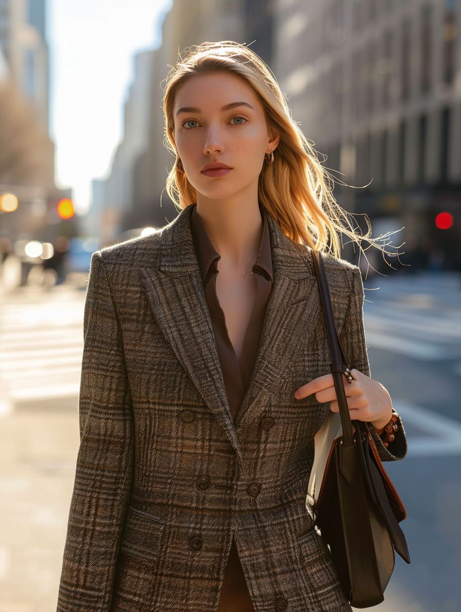 Classic tweed jacket for spring office wear texture and structure