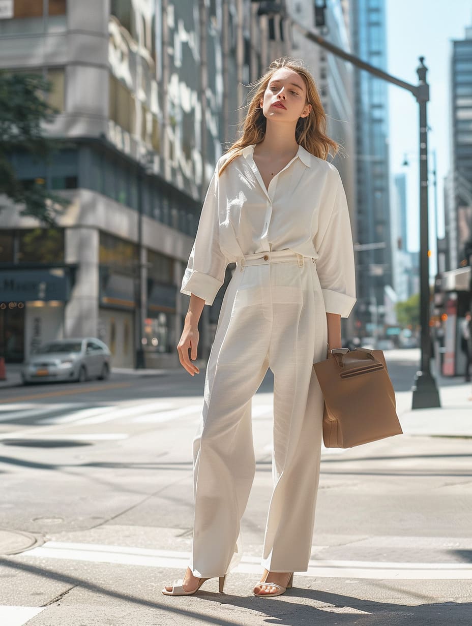 White shirt tucked into wide-leg trousers polished spring workwear