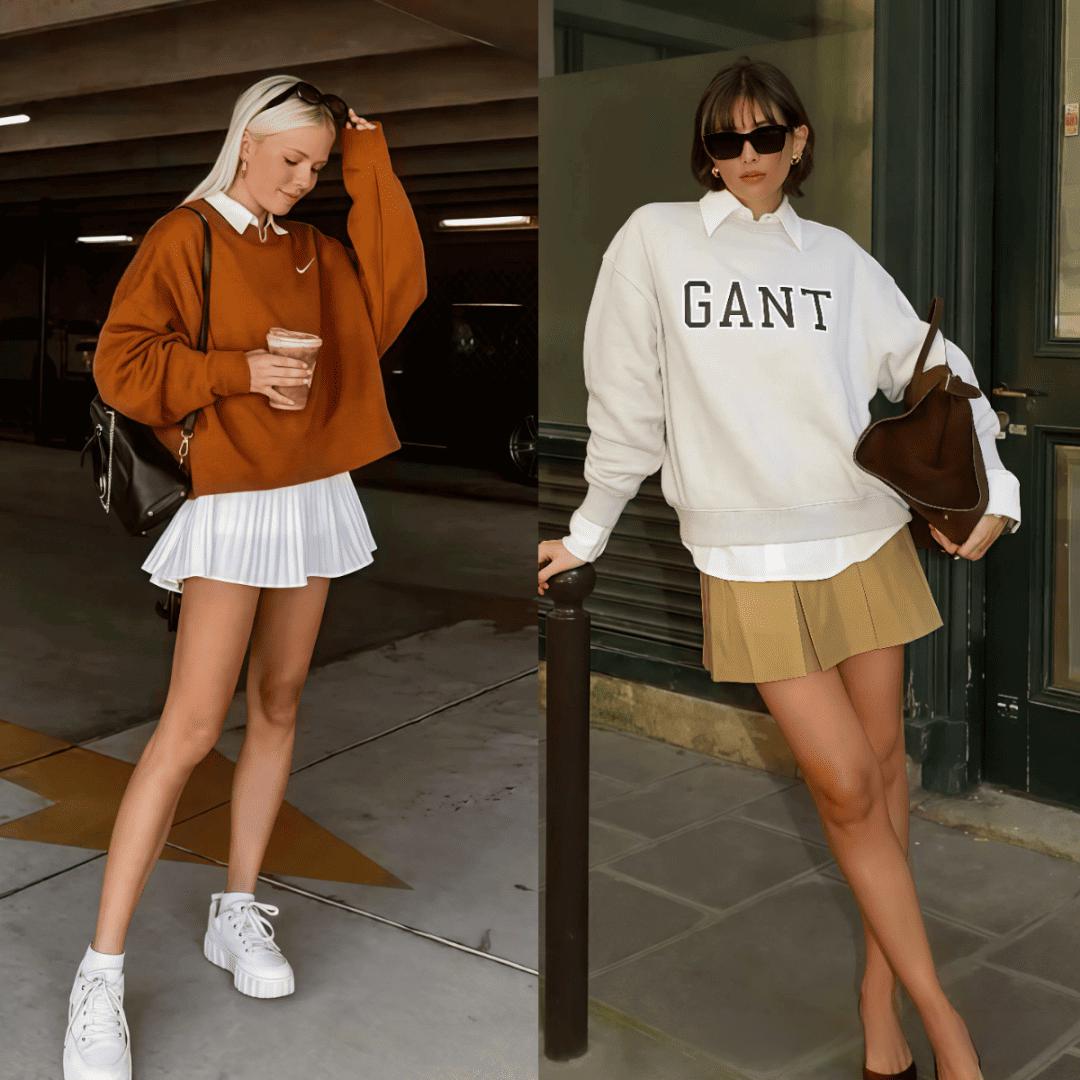 Pleated skirt outfit with sweatshirt and crisp white shirt