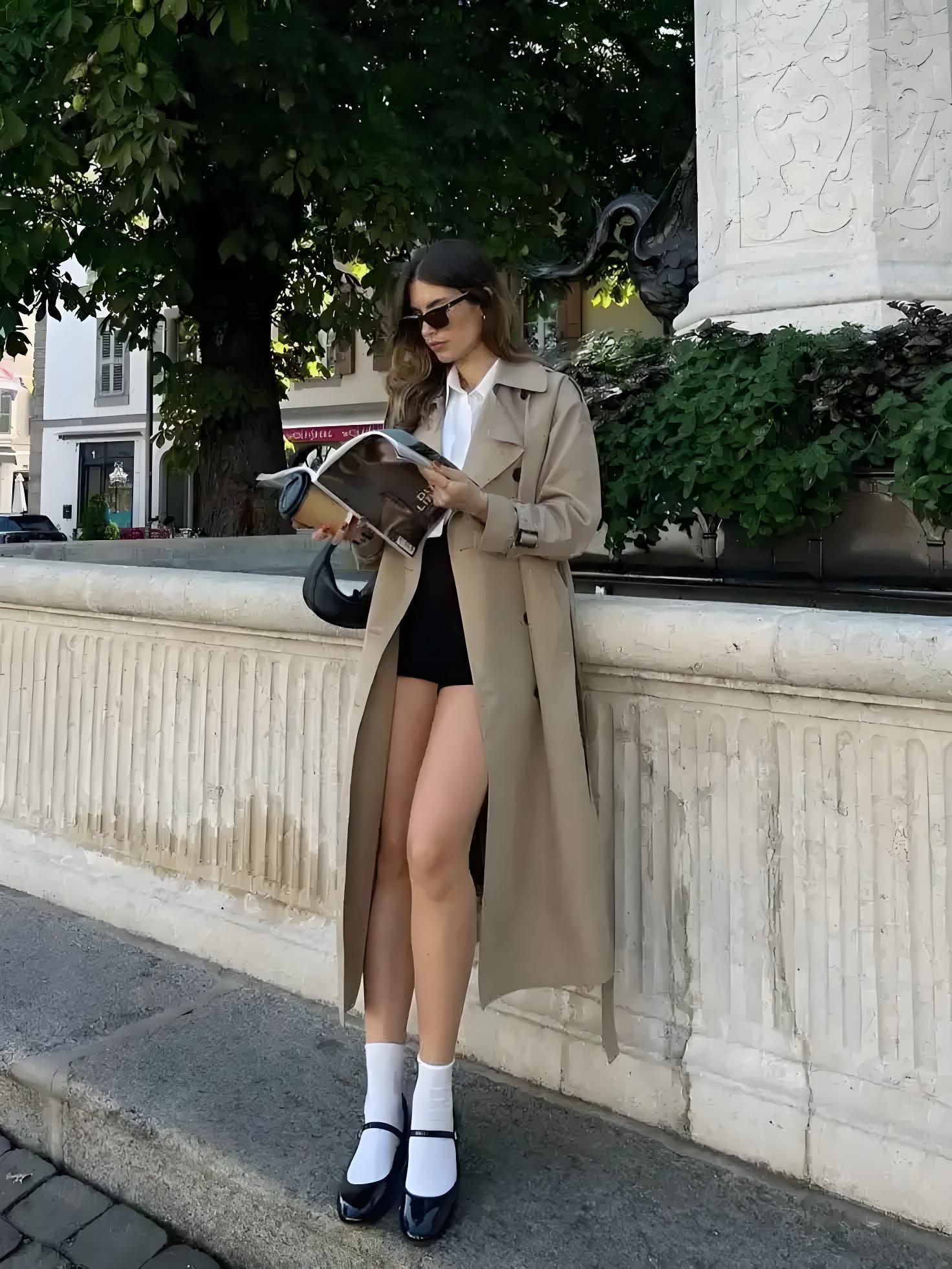 trench coat and Mary Jane shoes