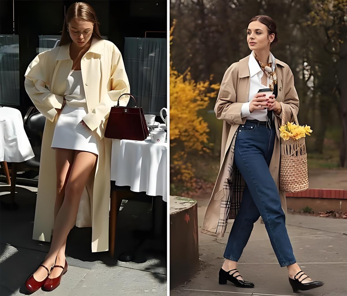 trench coat with Mary Jane shoes