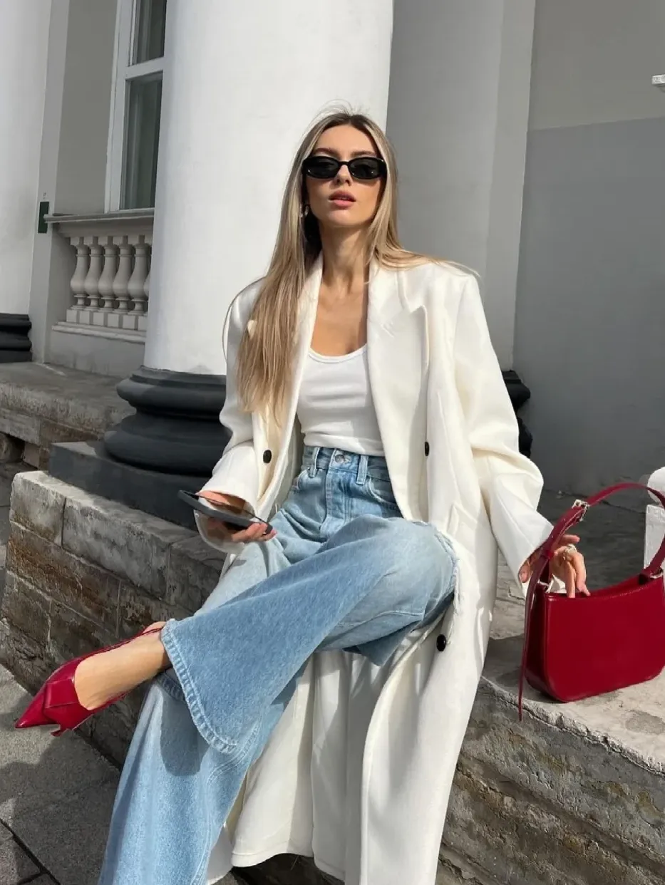 trench coat with red pointed toe heels