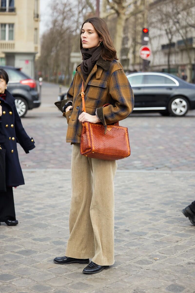 Wide-leg corduroy pants styled for winter fashion